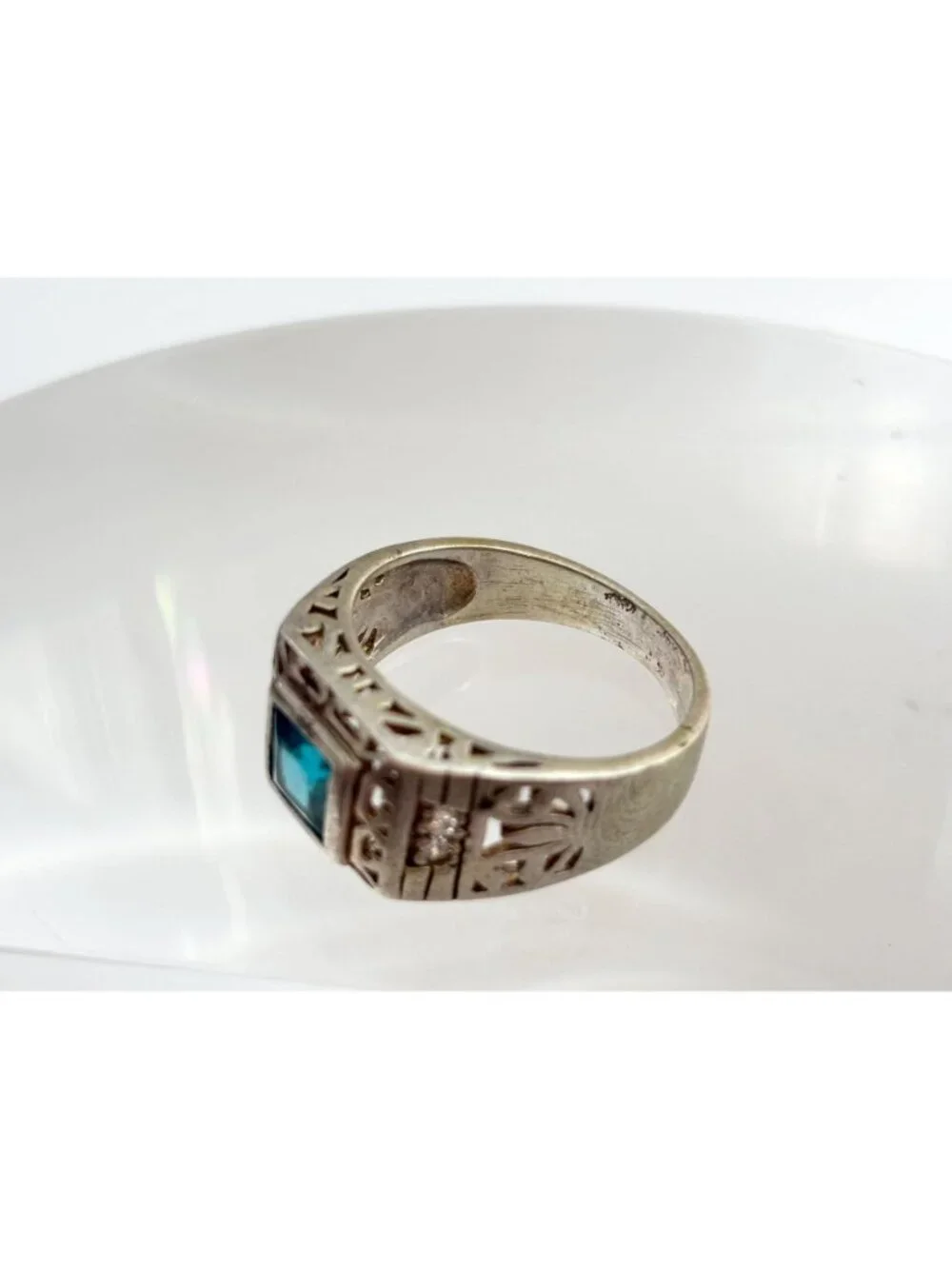 Blue Topaz Tapered Square Cut Cutout Sterling Silver 925 Vintage Ring - sz 9.5